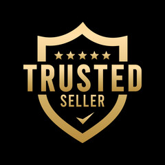 Trusted Seller logo, label, badge, sticker, symbol, emblem, stamp, banner, shield, mark, circle, black, line, flat vector, isolated illustration. Trusted Seller label for product packaging design.