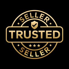 Trusted Seller logo, label, badge, sticker, symbol, emblem, stamp, banner, shield, mark, circle, black, line, flat vector, isolated illustration. Trusted Seller label for product packaging design.