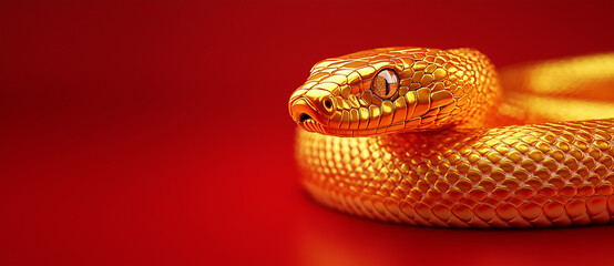 Fototapeta premium A golden snake, hovering in the air on a red background, with a clean and simple design style. 