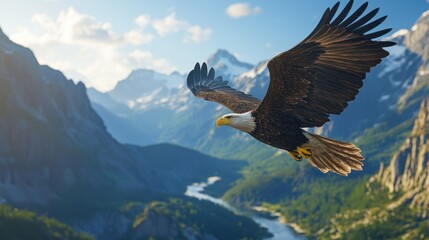 Bald eagle in flight over a majestic mountain landscape.