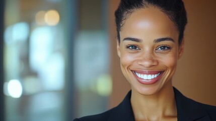 Naklejka premium Happy Businesswoman with Bright Smile in Modern Office Setting