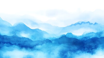 Fototapeta premium Serene Blue Watercolor Mountain Illustration: Misty Peaks, Tranquil Landscape. AI Generated