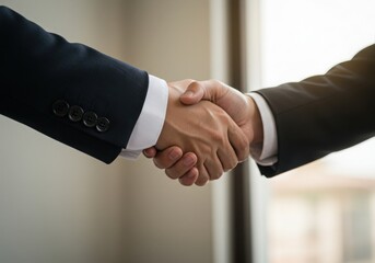 Business handshake, corporate agreement, close-up, suit sleeves, warm lighting,