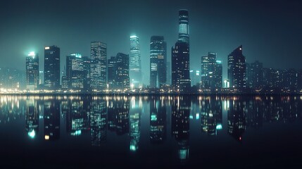 Fototapeta premium Illuminated Skyline of Shanghai at Night with Skyscrapers Reflection