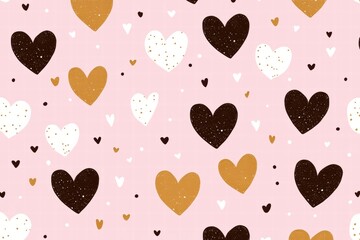 Seamless Pattern with Gold, Black, and White Hearts on Pink Background