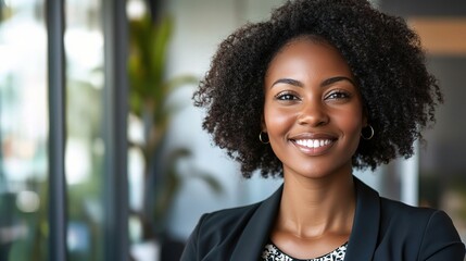 Professional Smiling Businesswoman Headshot in Modern Office Setting