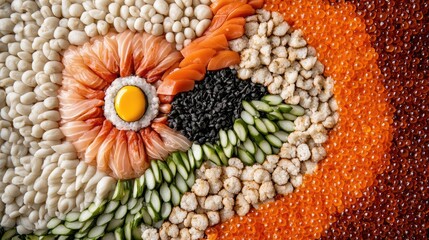 Beautifully Arranged Colorful Food Art with Fresh Ingredients