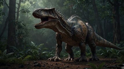 A dinosaur in the deep forest. Symbol of fear and horror