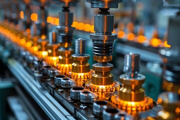 Close-up of advanced machinery with illuminated components in a manufacturing setting.