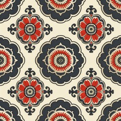 A decorative floral pattern featuring red and navy elements on a cream background.