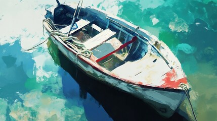 Solitude at Sea: A Rustic Boat in Calm Waters