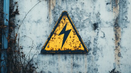 A modern industrial-style electrical hazard icon with a bold triangular yellow sign and a black lightning bolt, designed for high-impact warnings on white