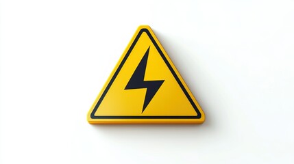 A modern industrial-style electrical hazard icon with a bold triangular yellow sign and a black lightning bolt, designed for high-impact warnings on white