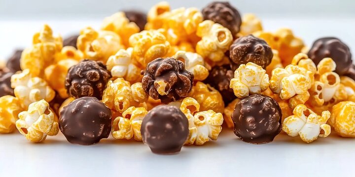Photograph of a pile of caramel and chocolate popcorn with various types of candy on top, isolated against a white background. The colors should be rich and vibrant.