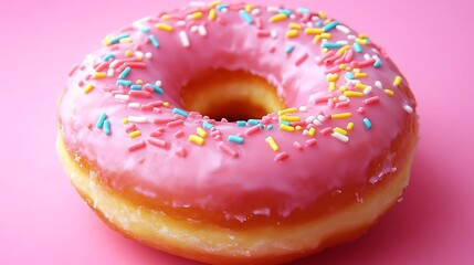 Obraz premium Deliciously Pink Donut Sprinkled Delight: Close-Up Photo. AI Generated