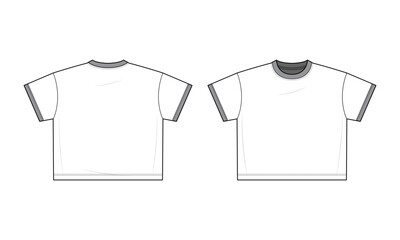 T-shirt technical fashion illustration. T-shirt vector template illustration. Front and back view. Regular fit. Short sleeves. Crew neck. Unisex. White color. Contrast Tee. CAD mockup.