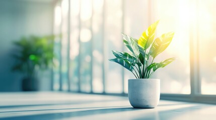 Indoor Plant in Modern Pot with Sunlight Streaming Through Windows