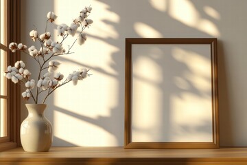 Empty Wooden Frame Mockup with Cotton Branch on Windowsill