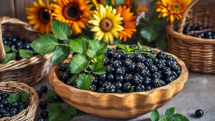 Fresh Black Currants in a Wooden Bowl Surrounded by Sunflowers and Rustic Baskets