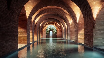 Serene Indoor Pool: Tranquil Wide Shot Photo of an Elegantly Lit, Archway-Lined Spa. AI Generated