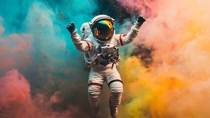 Obraz premium Triumphant Astronaut Soaring Through Vibrant Cosmic Clouds: A Stunning Digital Painting. AI Generated