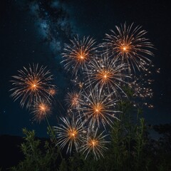 Floral fireworks exploding in a starry sky.