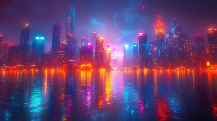 Neon Cityscape Reflecting in Rainy Water at Night