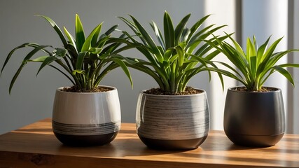 Obraz premium Sunlit Tranquility: Chamaedorea Elegans Group in Ceramic Pots on a Wooden Shelf