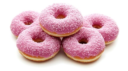 Close-up Photo: Deliciously Sprinkled Pink Donuts Stacked on White. AI Generated