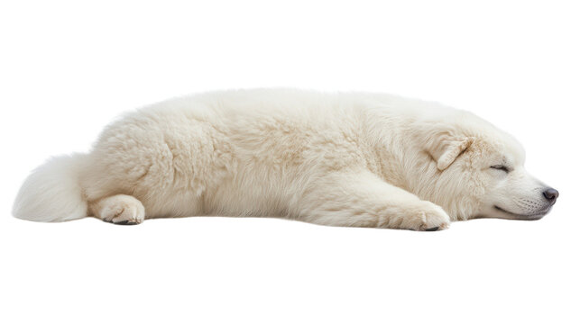 Fluffy white dog sleeping peacefully. transparent background