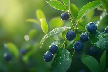 Detailed Blueberry Bush with Dewy Berries and Glistening Green Leaves  
