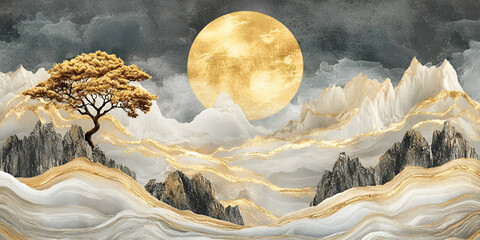 Golden Mountain Landscape, Tree Stands Tall Underneath a Giant Gilded Moon, Majestically Adorned with Gold Accents.