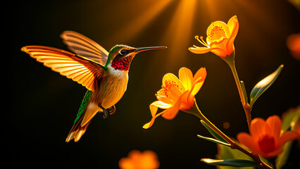 bright hummingbird bird over a flower on a dark background