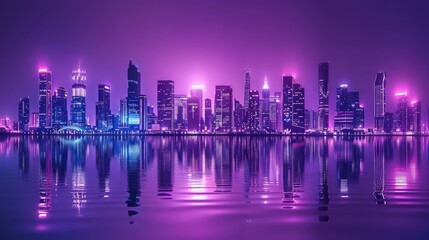 Fototapeta premium Vibrant purple cityscape at night, reflected in calm water.