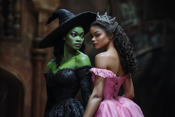 A witch with green skin looking at a princess dressed in a long pink gown.