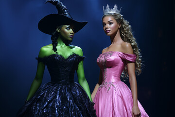 A princess in a pink gown and a tiara on stage with a witch who has green skin.
