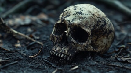 A macabre scene: A skull rests in the dark earth, surrounded by decaying leaves and bone fragments.  The image evokes a sense of mortality and mystery.