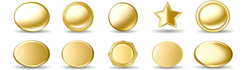 Golden Awards, Collection of Blank Badges, Medals, and Star Shapes for Design Projects.  Ideal for Achievement, Celebration, and Success.