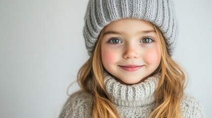 A young girl with long, wavy hair smiles warmly, wearing a cozy knit sweater and a stylish beanie, against a light background, This image is perfect for winter fashion, children's clothing