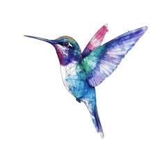 Obraz premium Hummingbird in Flight: A vibrant, watercolor hummingbird soars through the air, its wings a blur of blue, green, and purple.
