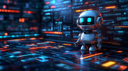 Obraz premium Futuristic Robot Navigates Digital Interface: Exploring AI's Potential in Data Processing, Innovation, and Technological Advancements.