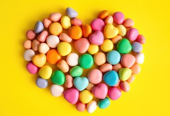 Obraz premium Top view of A whimsical heart-shaped arrangement of small, vibrant candies in a variety of colors, set against a bright and cheerful yellow background