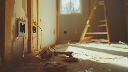 Close-up of electrical outlets being installed on a drywall, screwdriver and tools nearby, 