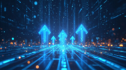 Three abstract blue glow speed arrows rise up. Concept of business target reach or successful investment. Low poly vector illustration in futuristic style. Neon glow of lines, connected dots, shapes.