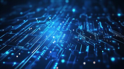 Obraz premium Abstract Technology Circuitry: A mesmerizing abstract image of a futuristic, technological circuit board. The intricate design is illuminated with glowing blue lines and dots.