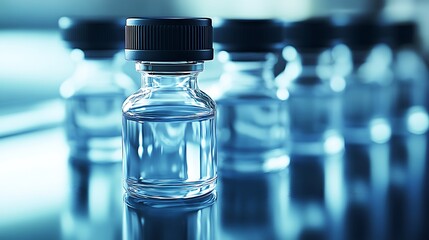 Little pharmacy sample glasses for making medications and treatment requirements, high tech science related factory lines