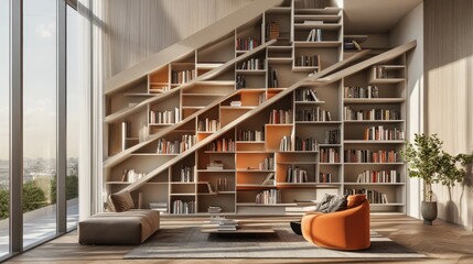 Obraz premium Modern Interior with Unique Bookshelf and Cozy Reading Area