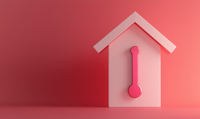 A minimalist house icon with a thermometer design, set against a soft pink background, symbolizing temperature and home comfort.