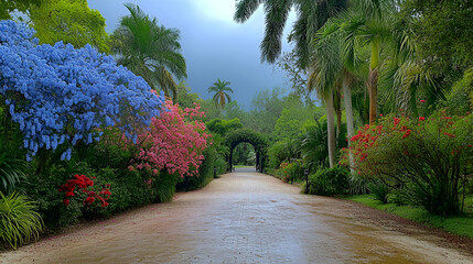 Obraz premium Lush Garden Path Leads to Archway, Blooming Flowers and Palm Trees Surround Pathway Under Stormy Sky