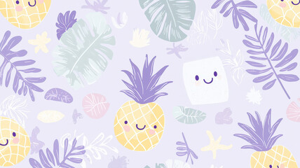 Obraz premium A pale lavender background with kawaii-style palm leaves, pineapples, and beach towels in a pastel palette, creating a relaxed and fun vacation vibe.